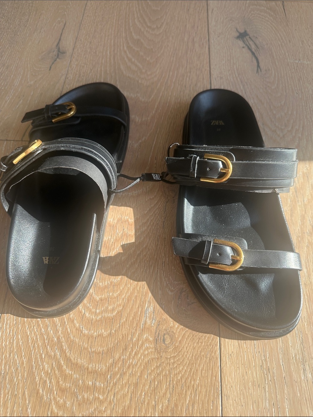 Zara Black Slide Sandals with Gold Buckles - Picture 2 of 4